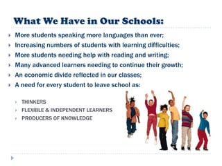    More students speaking more languages than ever;
   Increasing numbers of students with learning difficulties;
   More students needing help with reading and writing;
   Many advanced learners needing to continue their growth;
   An economic divide reflected in our classes;
   A need for every student to leave school as:

       THINKERS
       FLEXIBLE & INDEPENDENT LEARNERS
       PRODUCERS OF KNOWLEDGE
 