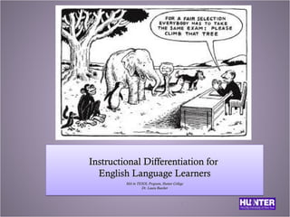 Instructional Differentiation forInstructional Differentiation for
English Language LearnersEnglish Language Learners
MA in TESOL Program, Hunter CollegeMA in TESOL Program, Hunter College
Dr. Laura BaecherDr. Laura Baecher
Instructional Differentiation forInstructional Differentiation for
English Language LearnersEnglish Language Learners
MA in TESOL Program, Hunter CollegeMA in TESOL Program, Hunter College
Dr. Laura BaecherDr. Laura Baecher
1
 