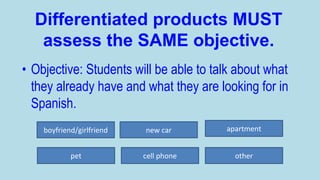 Differentiated products MUST
assess the SAME objective.
• Objective: Students will be able to talk about what
they already have and what they are looking for in
Spanish.
boyfriend/girlfriend

new car

apartment

pet

cell phone

other

 