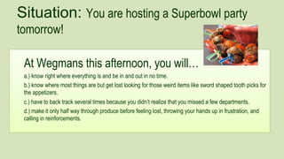 Situation: You are hosting a Superbowl party
tomorrow!
At Wegmans this afternoon, you will…
a.) know right where everything is and be in and out in no time.
b.) know where most things are but get lost looking for those weird items like sword shaped tooth picks for
the appetizers.
c.) have to back track several times because you didn’t realize that you missed a few departments.
d.) make it only half way through produce before feeling lost, throwing your hands up in frustration, and
calling in reinforcements.

 