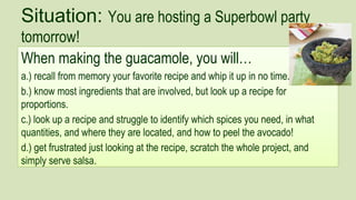 Situation: You are hosting a Superbowl party
tomorrow!
When making the guacamole, you will…
a.) recall from memory your favorite recipe and whip it up in no time.
b.) know most ingredients that are involved, but look up a recipe for
proportions.
c.) look up a recipe and struggle to identify which spices you need, in what
quantities, and where they are located, and how to peel the avocado!
d.) get frustrated just looking at the recipe, scratch the whole project, and
simply serve salsa.

 