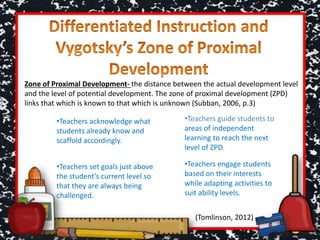 Zone of Proximal Development- the distance between the actual development level
and the level of potential development. The zone of proximal development (ZPD)
links that which is known to that which is unknown (Subban, 2006, p.3)
•Teachers acknowledge what
students already know and
scaffold accordingly.
•Teachers guide students to
areas of independent
learning to reach the next
level of ZPD.
•Teachers set goals just above
the student’s current level so
that they are always being
challenged.
•Teachers engage students
based on their interests
while adapting activities to
suit ability levels.
(Tomlinson, 2012)
 