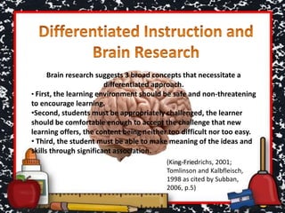 Brain research suggests 3 broad concepts that necessitate a
differentiated approach.
• First, the learning environment should be safe and non-threatening
to encourage learning.
•Second, students must be appropriately challenged, the learner
should be comfortable enough to accept the challenge that new
learning offers, the content being neither too difficult nor too easy.
• Third, the student must be able to make meaning of the ideas and
skills through significant association.
(King-Friedrichs, 2001;
Tomlinson and Kalbfleisch,
1998 as cited by Subban,
2006, p.5)
 