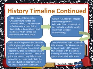 1919- a superintendent in a
Chicago suburb started the
“Winnetka Plan,”- teachers work
to find an educational fit for
students based on maturity and
readiness, which spread like
wildfire into the mid 1920s
William H. Kilpatrick's Project
Method stopped the
Winnetka Plan, reporting it did
not motivate students socially,
instruction stopped
individualizing
1975- Individuals with Disabilities
Education Act (IDEA) was enacted
by Congress in 1975 to ensure
that children with disabilities
have equal access to a free and
appropriate public education
2004-2006- Congress makes revisions
to IDEA, giving guidelines for schools
to provide Individual Educational
Program (IEP) for students requiring
special education services. These plans
guide teachers as they differentiate
instruction for these students in the
general education classroom and in
the special education classroom. (Gundlach, 2012)
 
