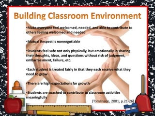 •Make everyone feel welcomed, needed, and able to contribute to
others feeling welcomed and needed
•Mutual Respect is nonnegotiable
•Students feel safe not only physically, but emotionally in sharing
their thoughts, ideas, and questions without risk of judgment,
embarrassment, failure, etc.
•Each student is treated fairly in that they each receive what they
need to grow
•There are high expectations for growth
•Students are coached to contribute to classroom activities
meaningfully
(Tomlinson, 2001, p.21-26)
 