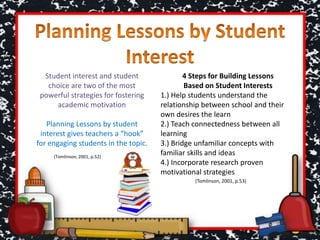 Student interest and student
choice are two of the most
powerful strategies for fostering
academic motivation
Planning Lessons by student
interest gives teachers a “hook”
for engaging students in the topic.
4 Steps for Building Lessons
Based on Student Interests
1.) Help students understand the
relationship between school and their
own desires the learn
2.) Teach connectedness between all
learning
3.) Bridge unfamiliar concepts with
familiar skills and ideas
4.) Incorporate research proven
motivational strategies
(Tomlinson, 2001, p.52)
(Tomlinson, 2001, p.53)
 