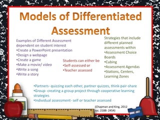 Examples of Different Assessment
dependent on student interest
•Create a PowerPoint presentation
•Design a webpage
•Create a game
•Make a movie/ video
•Write a song
•Write a story
Strategies that include
different planned
assessments within
•Assessment Choice
Boards
•Cubing
•Assessment Agendas
•Stations, Centers,
Learning Zones
•Partners- quizzing each other, partner quizzes, think-pair-share
•Group- creating a group project through cooperative learning
strategies
•Individual assessment- self or teacher assessed
Students can either be
•Self-assessed or
•Teacher assessed
(Chapman and King, 2012
loc. 2188- 2454)
 