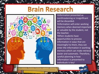 •Information presented as
nonthreatening or insignificant
will be discarded.
•Information will enter working
memory when deemed important
or valuable by the student, not
the teacher.
•When students have
opportunities to process
information in ways that are
meaningful to them, they can
enter the information in working
memory which can make retrieval
easier and automatic. Therefore,
careful planning in how
information is presented to
individuals is key!
 