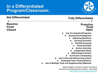 In a Differentiated
Program/Classroom:
Fully Differentiated
Proactive
Fluid
Open
Not Differentiated
Reactive
Fixed
Closed
n Use of computers/Programs
n Assessment & Diagnosis
n Adjusting Questions
n Learning Contracts
n Flexible Grouping
n Tiered Activities
n Anchor Activities
n Independent Study
n Differentiated Centers
n Curriculum Compacting
n Use of the Internet/Learning centers
n Graduated Task- Product-Rubrics
n Use of Multiple Texts and Supplementary Materials
MONTGOMERY COUNTY PUBLIC SCHOOLS
Instructional and Management Practices , Jody Smith
www.mcps.k12.md.us/departments/eii
 