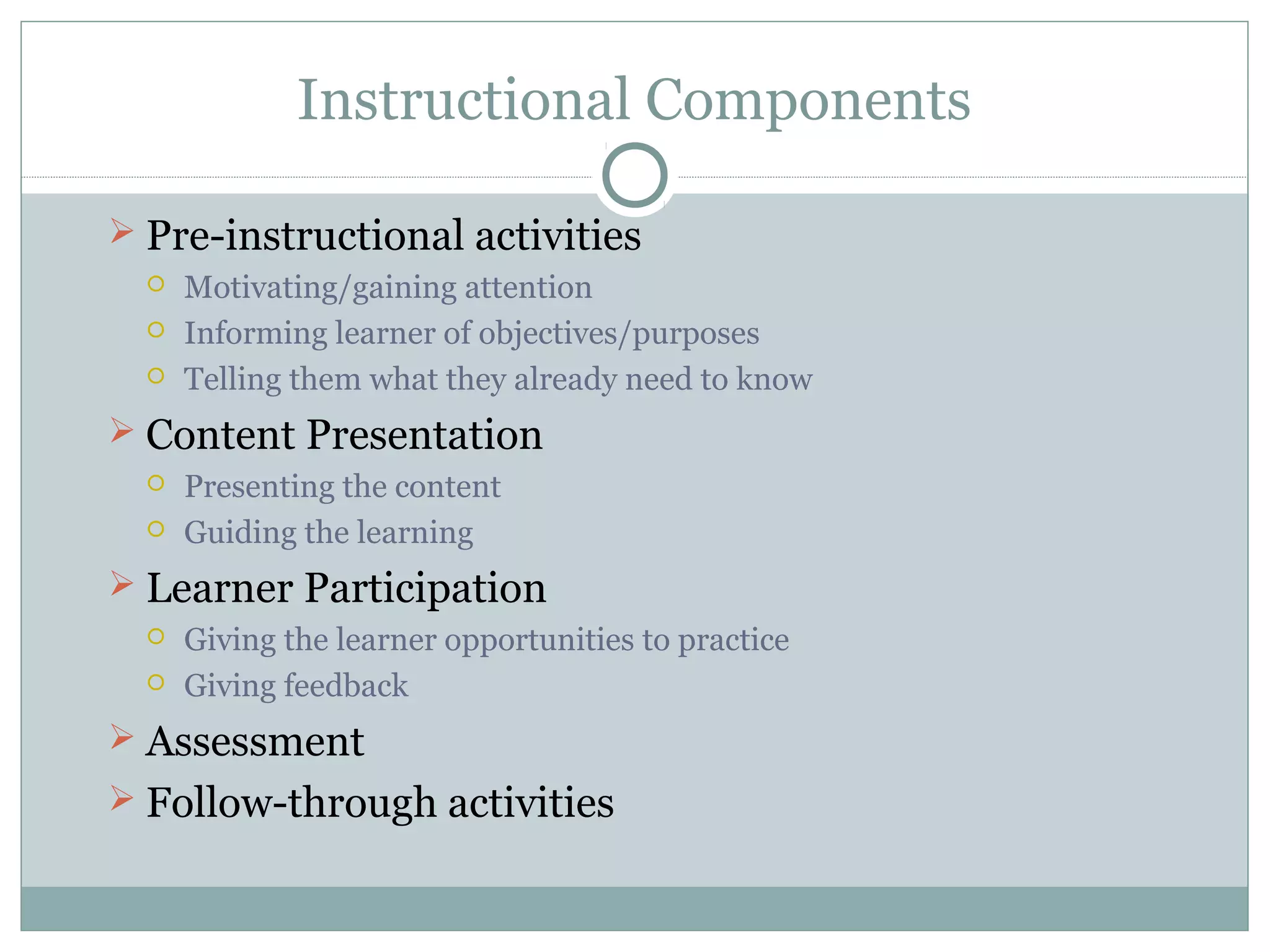 Instructional Components
 Pre-instructional activities
 Motivating/gaining attention
 Informing learner of objectives/purposes
 Telling them what they already need to know
 Content Presentation
 Presenting the content
 Guiding the learning
 Learner Participation
 Giving the learner opportunities to practice
 Giving feedback
 Assessment
 Follow-through activities
 