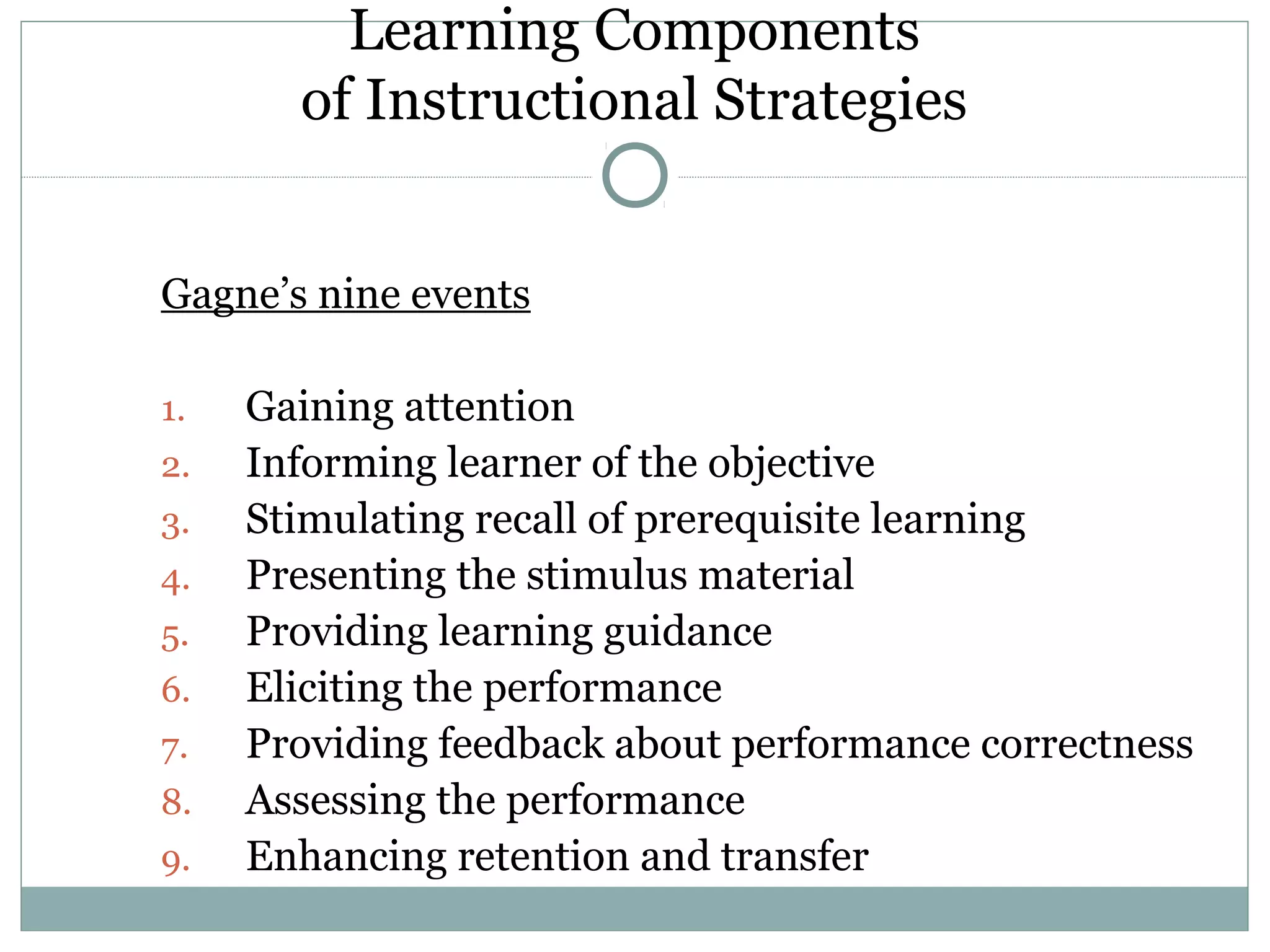 Learning Components
of Instructional Strategies
Gagne’s nine events
1. Gaining attention
2. Informing learner of the objective
3. Stimulating recall of prerequisite learning
4. Presenting the stimulus material
5. Providing learning guidance
6. Eliciting the performance
7. Providing feedback about performance correctness
8. Assessing the performance
9. Enhancing retention and transfer
 