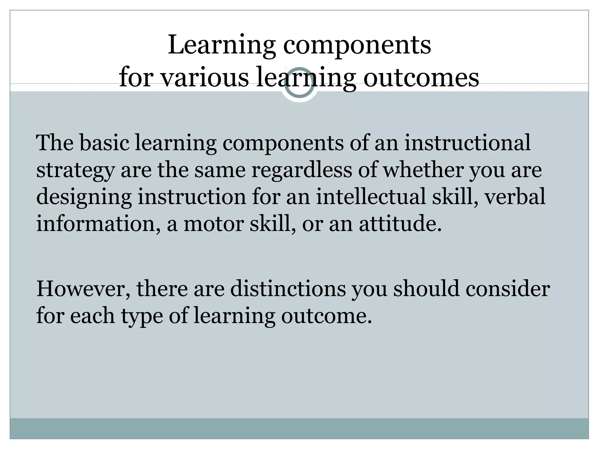 Learning components
for various learning outcomes
The basic learning components of an instructional
strategy are the same regardless of whether you are
designing instruction for an intellectual skill, verbal
information, a motor skill, or an attitude.
However, there are distinctions you should consider
for each type of learning outcome.
 