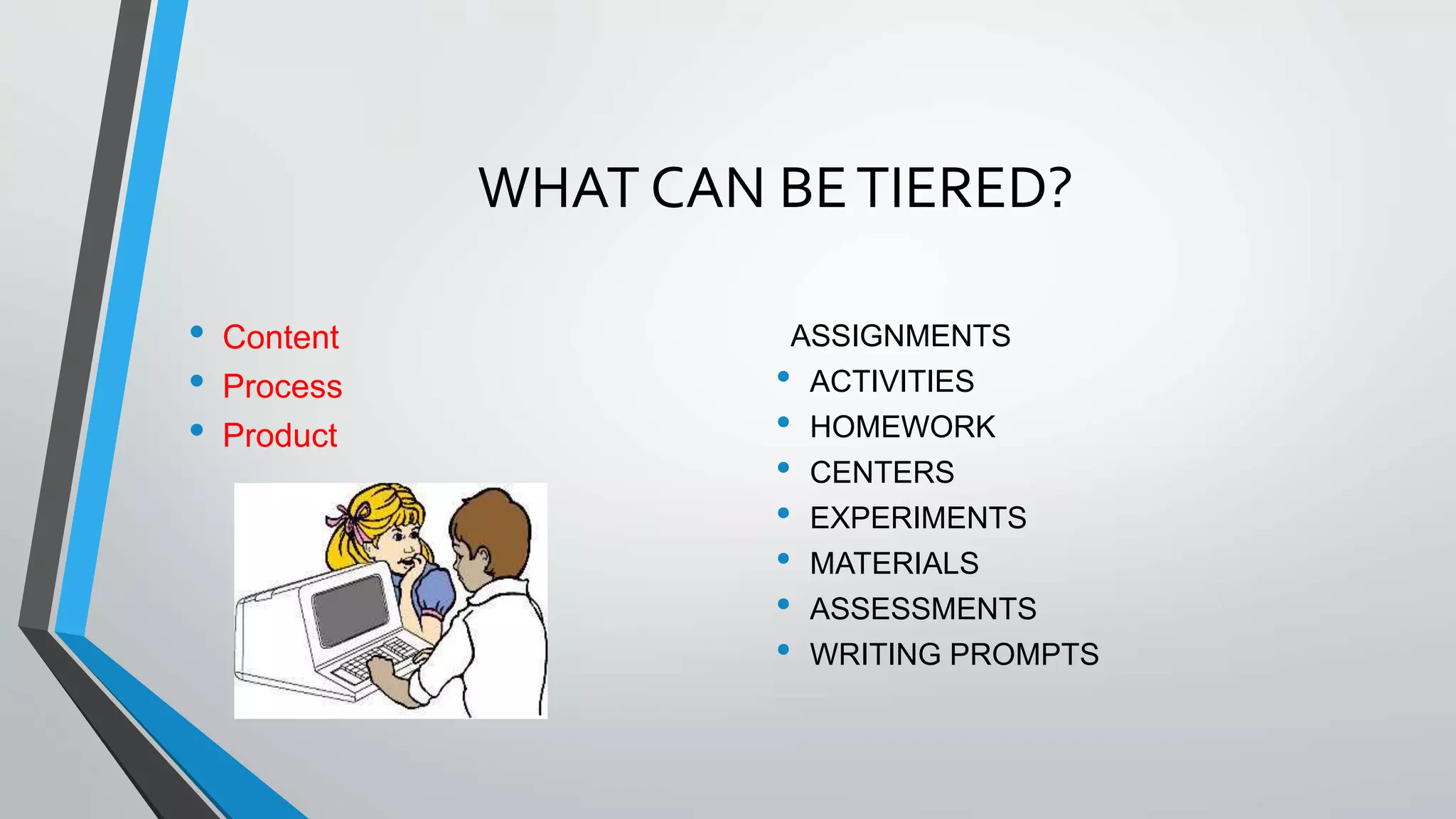 WHAT CAN BETIERED?
• Content
• Process
• Product
ASSIGNMENTS
• ACTIVITIES
• HOMEWORK
• CENTERS
• EXPERIMENTS
• MATERIALS
• ASSESSMENTS
• WRITING PROMPTS
 