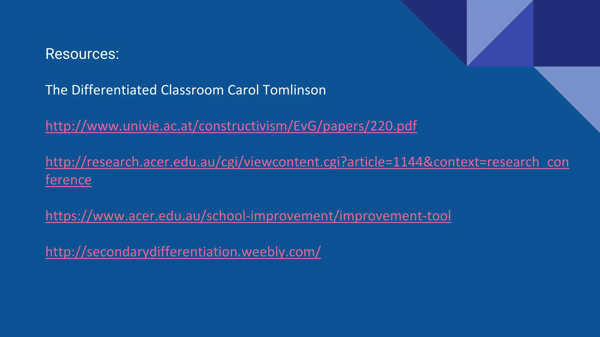 Resources:
The Differentiated Classroom Carol Tomlinson
http://www.univie.ac.at/constructivism/EvG/papers/220.pdf
http://research.acer.edu.au/cgi/viewcontent.cgi?article=1144&context=research_con
ference
https://www.acer.edu.au/school-improvement/improvement-tool
http://secondarydifferentiation.weebly.com/
 