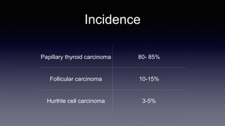 Incidence
Papillary thyroid carcinoma 80- 85%
Follicular carcinoma 10-15%
Hurthle cell carcinoma 3-5%
 