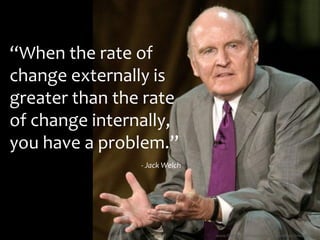 121
“When the rate of
change externally is
greater than the rate
of change internally,
you have a problem.”
- Jack Welch
www.flickr.com/photos/nathaninsandiego/3466495191
 