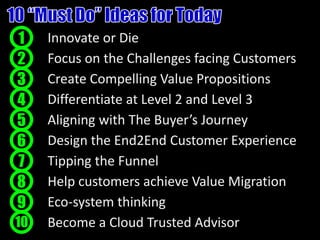 Help customers achieve Value Migration8
Differentiate at Level 2 and Level 34
Innovate or Die1
Focus on the Challenges facing Customers2
Aligning with The Buyer’s Journey5
Create Compelling Value Propositions3
Design the End2End Customer Experience6
Tipping the Funnel7
Eco-system thinking9
Become a Cloud Trusted Advisor10
 