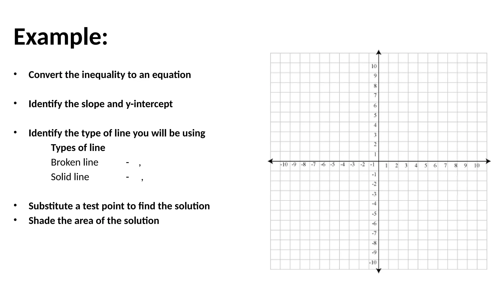 Example:
• Convert the inequality to an equation
• Identify the slope and y-intercept
• Identify the type of line you will be using
Types of line
Broken line - ,
Solid line - ,
• Substitute a test point to find the solution
• Shade the area of the solution
 
