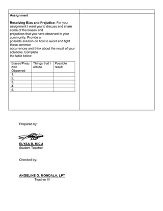 Assignment
Resolving Bias and Prejudice: For your
assignment I want you to discuss and share
some of the biases and
prejudices that you have observed in your
community. Provide a
possible solution on how to avoid and fight
these common
occurrences and think about the result of your
solutions. Complete
the table below.
Biases/Preju
dice
Observed
Things that I
will do
Possible
result
1.
2.
3.
4.
5.
Prepared by:
ELYSA B. MICU
Student Teacher
Checked by:
ANGELINE O. MONDALA, LPT
Teacher III
 
