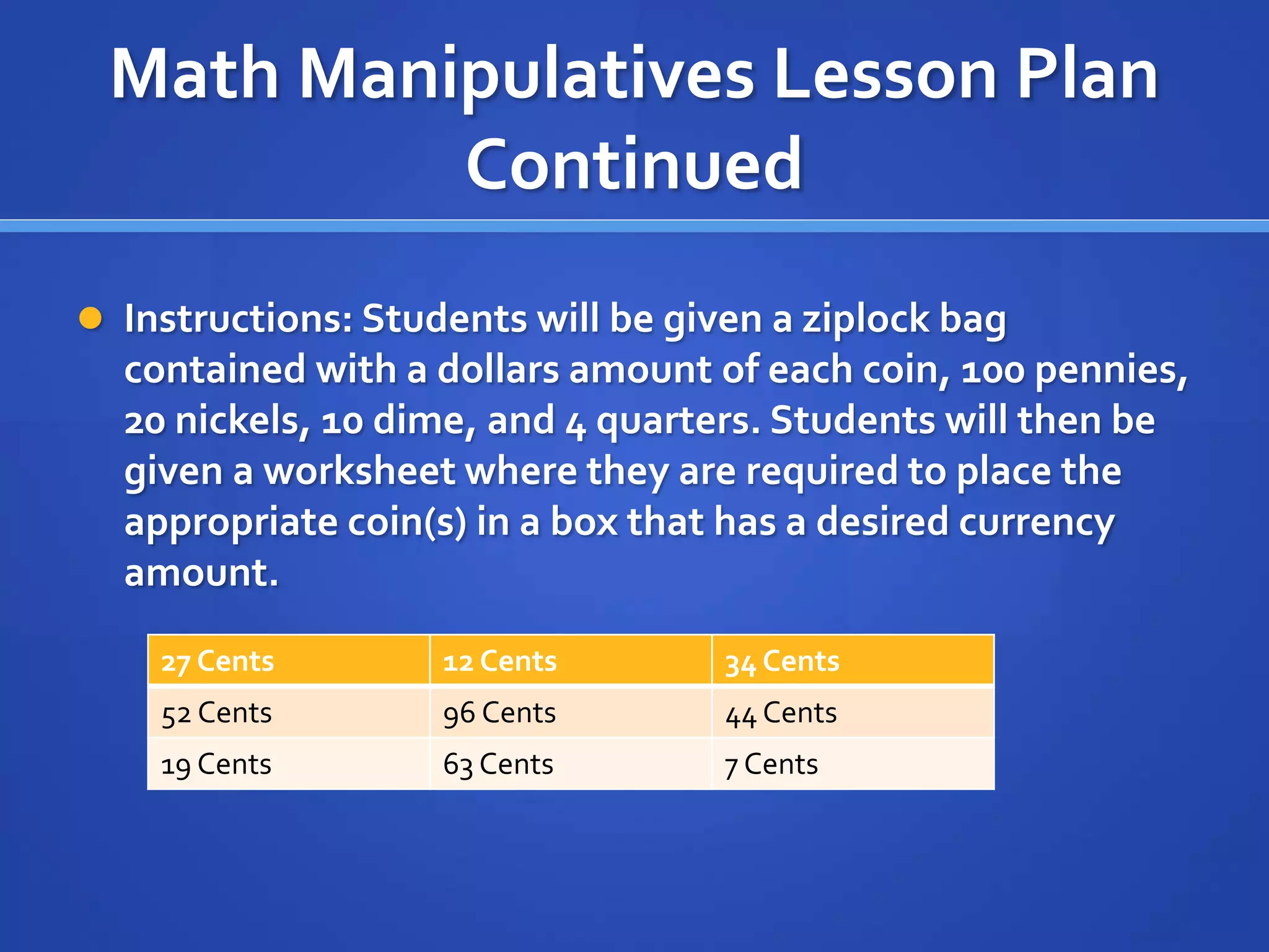 Math Manipulatives Lesson Plan 
Continued 
 Instructions: Students will be given a ziplock bag 
contained with a dollars amount of each coin, 100 pennies, 
20 nickels, 10 dime, and 4 quarters. Students will then be 
given a worksheet where they are required to place the 
appropriate coin(s) in a box that has a desired currency 
amount. 
27 Cents 12 Cents 34 Cents 
52 Cents 96 Cents 44 Cents 
19 Cents 63 Cents 7 Cents 
 