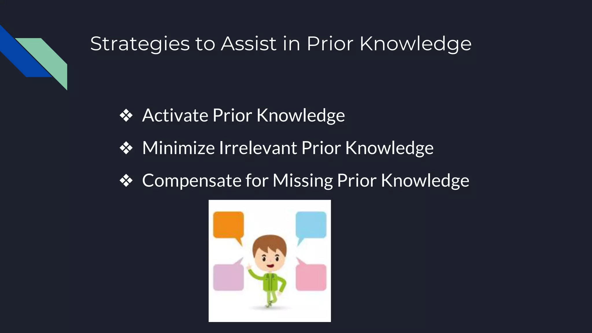 Strategies to Assist in Prior Knowledge
❖ Activate Prior Knowledge
❖ Minimize Irrelevant Prior Knowledge
❖ Compensate for Missing Prior Knowledge
 