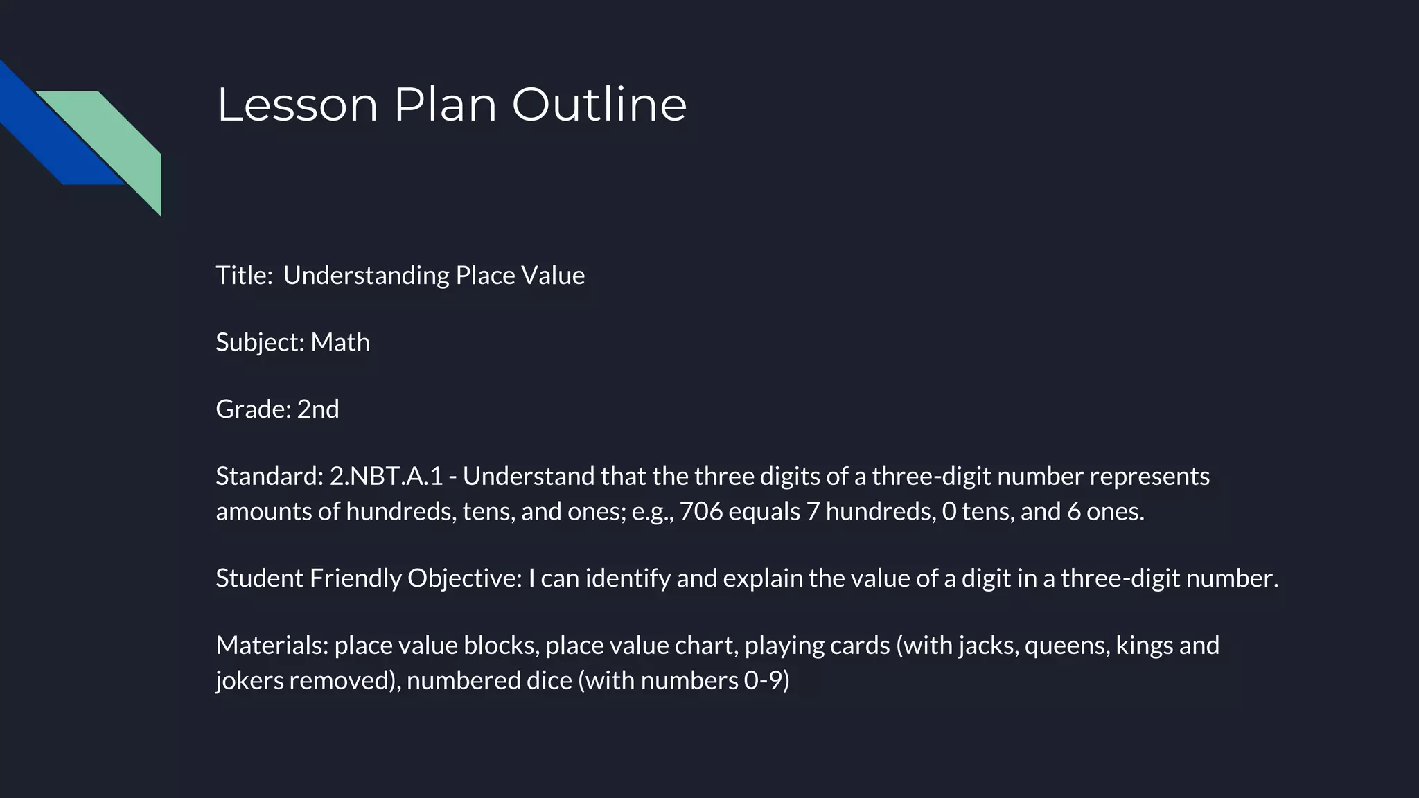 Lesson Plan Outline
Title: Understanding Place Value
Subject: Math
Grade: 2nd
Standard: 2.NBT.A.1 - Understand that the three digits of a three-digit number represents
amounts of hundreds, tens, and ones; e.g., 706 equals 7 hundreds, 0 tens, and 6 ones.
Student Friendly Objective: I can identify and explain the value of a digit in a three-digit number.
Materials: place value blocks, place value chart, playing cards (with jacks, queens, kings and
jokers removed), numbered dice (with numbers 0-9)
 