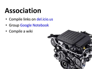 Association Compile links on  del.icio.us Group  Google Notebook Compile a wiki 