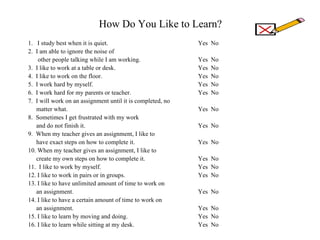 How Do You Like to Learn?
1. I study best when it is quiet.                           Yes No
2. I am able to ignore the noise of
    other people talking while I am working.                Yes   No
3. I like to work at a table or desk.                       Yes   No
4. I like to work on the floor.                             Yes   No
5. I work hard by myself.                                   Yes   No
6. I work hard for my parents or teacher.                   Yes   No
7. I will work on an assignment until it is completed, no
   matter what.                                             Yes No
8. Sometimes I get frustrated with my work
   and do not finish it.                                    Yes No
9. When my teacher gives an assignment, I like to
   have exact steps on how to complete it.                  Yes No
10. When my teacher gives an assignment, I like to
   create my own steps on how to complete it.               Yes No
11. I like to work by myself.                               Yes No
12. I like to work in pairs or in groups.                   Yes No
13. I like to have unlimited amount of time to work on
   an assignment.                                           Yes No
14. I like to have a certain amount of time to work on
   an assignment.                                           Yes No
15. I like to learn by moving and doing.                    Yes No
16. I like to learn while sitting at my desk.               Yes No
 