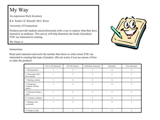 My Way
An expression Style Inventory
K.E. Kettle J.S. Renzull, M.G. Rizza
University of Connecticut
Products provide students and professionals with a way to express what they have
learned to an audience. This survey will help determine the kinds of products
YOU are interested in creating.
My Name is: ____________________________________________________

Instructions:
Read each statement and circle the number that shows to what extent YOU are
interested in creating that type of product. (Do not worry if you are unsure of how
to make the product).
                                         Not At All Interested   Of Little Interest   Moderately Interested   Interested   Very Interested

                1. Writing Stories                 1                     2                      3                 4               5

                2. Discussing what I               1                     2                      3                 4               5
                have learned

                3. Painting a picture              1                     2                      3                 4               5

                4. Designing a                     1                     2                      3                 4               5
                computer software
                project

                5. Filming & editing a             1                     2                      3                 4               5
                video

                6. Creating a company              1                     2                      3                 4               5

                7. Helping in the                  1                     2                      3                 4               5
                community


                8. Acting in a play                1                     2                      3                 4               5
 