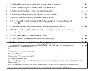 1.        I prefer talking on the phone rather than writing a letter to someone.                                                                     A   D
2.        I would rather participate in athletic events than watch them.                                                                             A   D
3.        I prefer going to museums where I can touch the exhibits.                                                                                  A   D
4.        My handwriting deteriorates when the space becomes smaller.                                                                                A   D
5.        My mental pictures are usually accompanied by movement.                                                                                    A   D
6.        I like being outdoors and doing things like biking, camping, swimming, hiking etc.
                 A D
7.        I remember best what was done rather then what was seen or talked about.                                                                   A   D
8.        When faced with a problem, I often select the solution involving the greatest activity.
               A D
9.        I like to make models or other hand crafted items.                                                                                         A   D
10.       I would rather do experiments rather then read about them.                                                                                 A   D
11.       My body language is a good indicator of my emotions.                                                                                       A   D
                                                               Interpreting the Instrument’s Score
12. Total the number of “A” responses in items 1-11
        I have difficulty remembering verbal directions if I have not _____ the activity before.
                                                                      done                                                                           A   D
      This is your visual score
      Total the number of “A” responses in items 12-22                                             _____
      This is your auditory score
      Total the number of “A” responses in items 23-33                                             _____
      This is you tactile/kinesthetic score
      If you scored a lot higher in any one area: This indicates that this modality is very probably your preference during a protracted and complex
      learning situation.
      If you scored a lot lower in any one area: This indicates that this modality is not likely to be your preference(s) in a learning situation.
      If you got similar scores in all three areas: This indicates that you can learn things in almost any way they are presented.
 