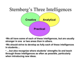 Sternberg’s Three Intelligences
                  Creative         Analytical


                          Practical


•We all have some of each of these intelligences, but are usually
stronger in one or two areas than in others.
•We should strive to develop as fully each of these intelligences
in students…
• …but also recognize where students’ strengths lie and teach
through those intelligences as often as possible, particularly
when introducing new ideas.
 