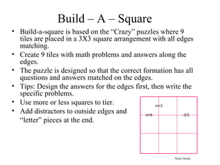 Build – A – Square
• Build-a-square is based on the “Crazy” puzzles where 9
  tiles are placed in a 3X3 square arrangement with all edges
  matching.
• Create 9 tiles with math problems and answers along the
  edges.
• The puzzle is designed so that the correct formation has all
  questions and answers matched on the edges.
• Tips: Design the answers for the edges first, then write the
  specific problems.
• Use more or less squares to tier.               m=3
• Add distractors to outside edges and        b=6          -2/3
  “letter” pieces at the end.




                                                        Nanci Smith
 