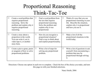 Proportional Reasoning
                       Think-Tac-Toe
□   Create a word problem that   □   Find a word problem from       □    Think of a way that you use
    requires proportional            the text that requires              proportional reasoning in your
    reasoning. Solve the             proportional reasoning.             life. Describe the situation,
    problem and explain why it       Solve the problem and               explain why it is proportional
    requires proportional            explain why it was                  and how you use it.
    reasoning.                       proportional.

□   Create a story about a       □   How do you recognize a         □    Make a list of all the
    proportion in the world.         proportional situation?             proportional situations in the
    You can write it, act it,        Find a way to think about           world today.
    video tape it, or another        and explain proportionality.
    story form.

□   Create a pict-o-gram, poem   □   Write a list of steps for      □    Write a list of questions to ask
    or anagram of how to solve       solving any proportional            yourself, from encountering a
    proportional problems            problem.                            problem that may be
                                                                         proportional through solving
                                                                         it.


Directions: Choose one option in each row to complete. Check the box of the choice you make, and turn
                               this page in with your finished selections.
                                                                    Nanci Smith, 2004
 
