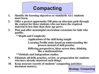 Compacting
1.    Identify the learning objectives or standards ALL students
      must learn.
2.    Offer a pretest opportunity OR plan an alternate path through
      the content for those students who can learn the required
      material in less time than their age peers.
3.    Plan and offer meaningful curriculum extensions for kids who
      qualify.
       **Depth and Complexity
                  Applications of the skill being taught
                  Learning Profile tasks based on understanding the
                            process instead of skill practice
                  Differing perspectives, ideas across time, thinking
                            like a mathematician
       **Orbitals and Independent studies.
9.    Eliminate all drill, practice, review, or preparation for students
      who have already mastered such things.
10.   Keep accurate records of students’ compacting activities:
      document mastery.
                                                      Strategy: Compacting
 