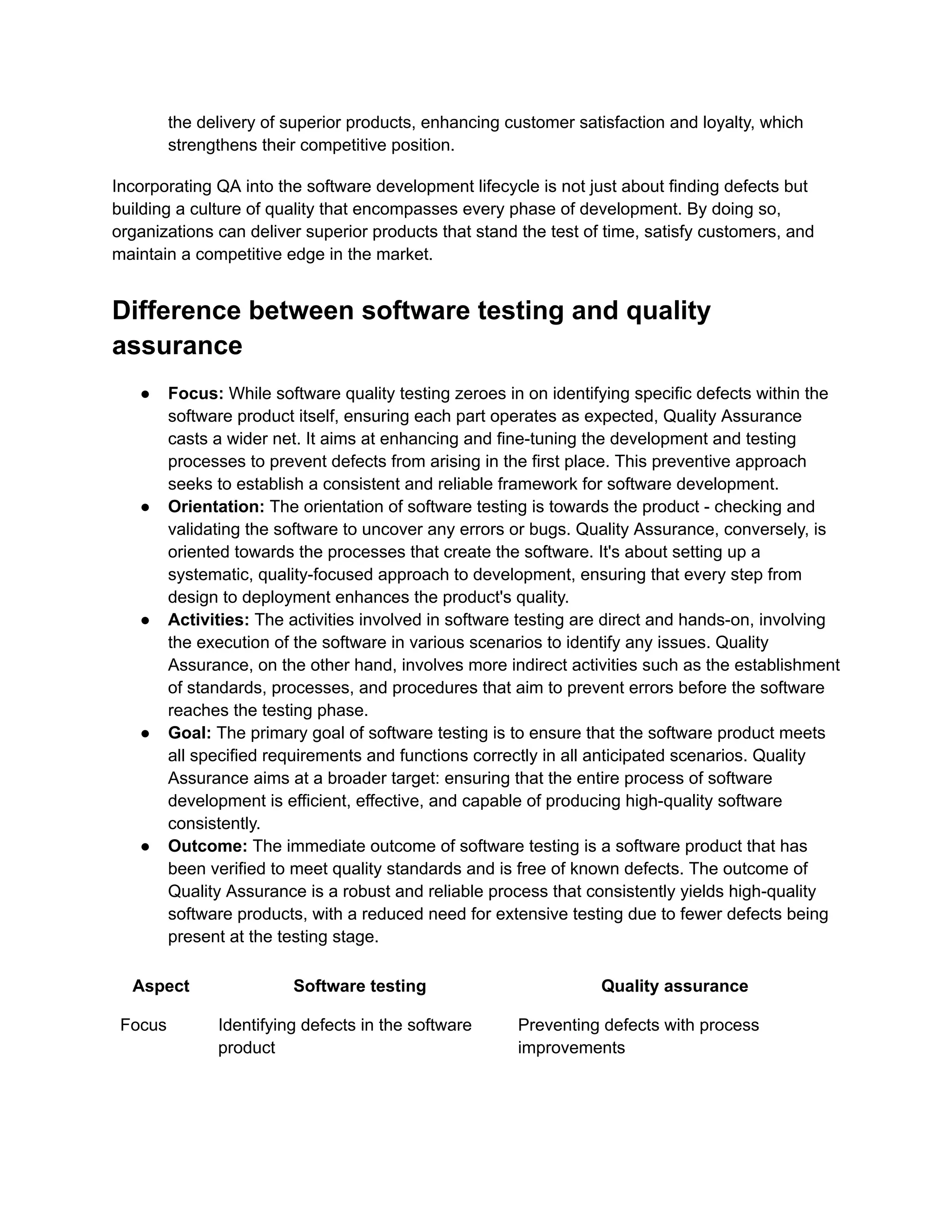 the delivery of superior products, enhancing customer satisfaction and loyalty, which
strengthens their competitive position.
Incorporating QA into the software development lifecycle is not just about finding defects but
building a culture of quality that encompasses every phase of development. By doing so,
organizations can deliver superior products that stand the test of time, satisfy customers, and
maintain a competitive edge in the market.
Difference between software testing and quality
assurance
● Focus: While software quality testing zeroes in on identifying specific defects within the
software product itself, ensuring each part operates as expected, Quality Assurance
casts a wider net. It aims at enhancing and fine-tuning the development and testing
processes to prevent defects from arising in the first place. This preventive approach
seeks to establish a consistent and reliable framework for software development.
● Orientation: The orientation of software testing is towards the product - checking and
validating the software to uncover any errors or bugs. Quality Assurance, conversely, is
oriented towards the processes that create the software. It's about setting up a
systematic, quality-focused approach to development, ensuring that every step from
design to deployment enhances the product's quality.
● Activities: The activities involved in software testing are direct and hands-on, involving
the execution of the software in various scenarios to identify any issues. Quality
Assurance, on the other hand, involves more indirect activities such as the establishment
of standards, processes, and procedures that aim to prevent errors before the software
reaches the testing phase.
● Goal: The primary goal of software testing is to ensure that the software product meets
all specified requirements and functions correctly in all anticipated scenarios. Quality
Assurance aims at a broader target: ensuring that the entire process of software
development is efficient, effective, and capable of producing high-quality software
consistently.
● Outcome: The immediate outcome of software testing is a software product that has
been verified to meet quality standards and is free of known defects. The outcome of
Quality Assurance is a robust and reliable process that consistently yields high-quality
software products, with a reduced need for extensive testing due to fewer defects being
present at the testing stage.
Aspect Software testing Quality assurance
Focus Identifying defects in the software
product
Preventing defects with process
improvements
 
