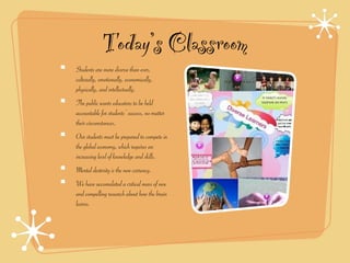 Today’s Classroom
Students are more diverse than ever,
culturally, emotionally, economically,
physically, and intellectually.
The public wants educators to be held
accountable for students’ success, no matter
their circumstances.
Our students must be prepared to compete in
the global economy, which requires an
increasing level of knowledge and skills.
Mental dexterity is the new currency.
We have accumulated a critical mass of new
and compelling research about how the brain
learns.
 