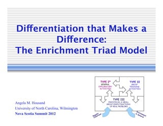 Differentiation that Makes a
         Difference: 
The Enrichment Triad Model 




Angela M. Housand
University of North Carolina, Wilmington
Nova Scotia Summit 2012
 