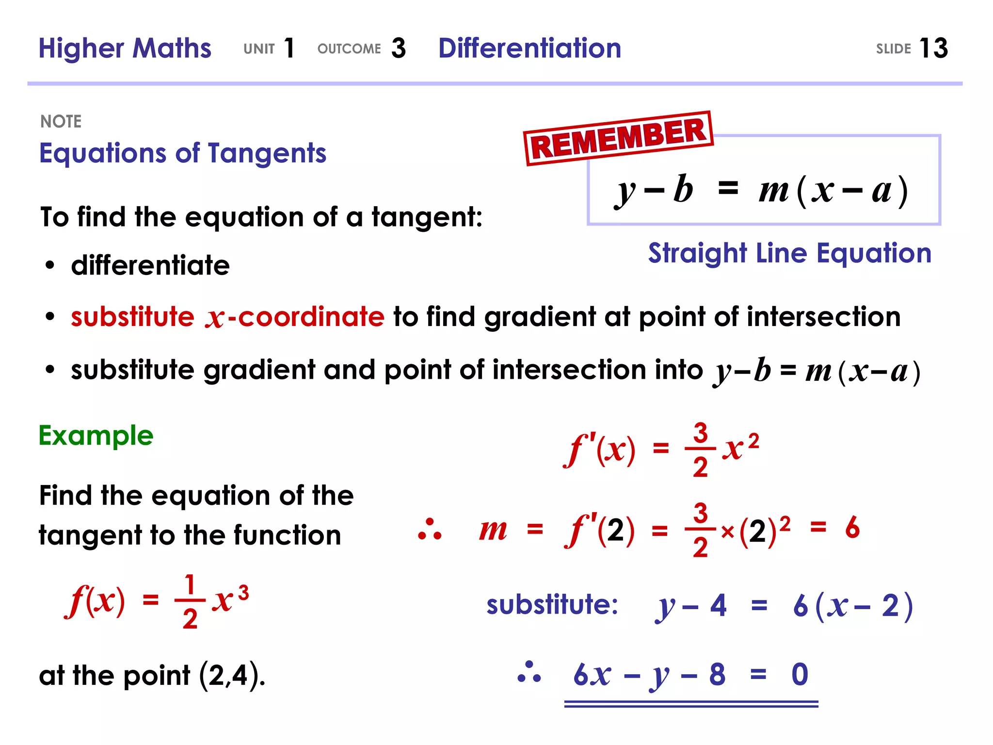 f   ′ ( x ) Equations of Tangents NOTE Higher Maths  1  3  Differentiation UNIT OUTCOME SLIDE y   –   b   =   m   (   x   –   a   )   REMEMBER To find the equation of a tangent: • substitute gradient and point of intersection into y   –   b   =   m   (   x   –   a   )   • substitute  -coordinate  to find gradient at point of intersection x • differentiate Straight Line Equation Example Find the equation of the tangent to the function at the point  ( 2,4 ) . f   ( x ) =  x   3 1 2 =  x   2 3 2 f   ′ ( 2 ) =  ×   ( 2 )   2 3 2 =  6  m  = y   –  4   =  6   (   x   –  2   )   6   x   –   y   –  8   =  0 substitute: 