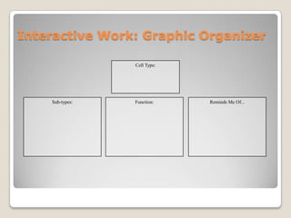 Interactive Work: Graphic Organizer
Cell Type:

Sub-types:

Function:

Reminds Me Of...

 