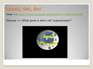 Ready, Set, Go!
View => http://www.youtube.com/watch?v=749-fohVY0M
Discuss => What gives a stem cell „superpowers?‟

 