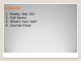 Agenda
1.
2.
3.
4.

Ready, Set, Go!
Cell Demo
What‟s Your Job?
Journal Close

 