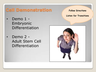 Cell Demonstration
•

Demo 1 Embryonic
Differentiation

•

Demo 2 Adult Stem Cell
Differentiation

Follow Directions
Listen for Transitions

 