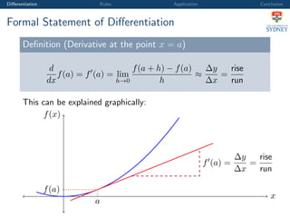 Diﬀerentiation Rules Application Conclusion
Formal Statement of Diﬀerentiation
Deﬁnition (Derivative at the point x = a)
d
dx
f(a) = f (a) = lim
h→0
f(a + h) − f(a)
h
≈
∆y
∆x
=
rise
run
This can be explained graphically:
x
f(x)
a
f(a)
f (a) =
∆y
∆x
=
rise
run
 