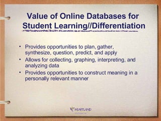 Provides opportunities to plan, gather, synthesize, question, predict, and apply Allows for collecting, graphing, interpreting, and analyzing data Provides opportunities to construct meaning in a personally relevant manner Value of Online Databases for Student Learning//Differentiation 