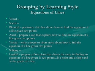 Grouping by Learning Style Equations of Lines Visual –  Social –  Physical – perform a skit that shows how to find the equation of a line given two points Aural – prepare a rap that explains how to find the equation of a line given two points Verbal – write a poem or short story about how to fnd the equation of a line given two points Solitary –  Logical – prepare a flow chart that shows the steps in finding an equation of a line given 1) two points, 2) a point and a slope and 3) the graph of a line 
