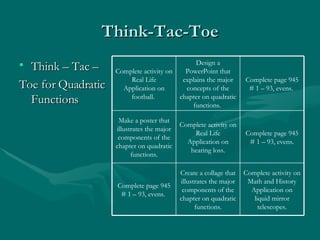 Think-Tac-Toe Think – Tac –  Toe for Quadratic Functions Complete activity on Math and History Application on liquid mirror telescopes. Create a collage that illustrates the major components of the chapter on quadratic functions. Complete page 945 # 1 – 93, evens.  Complete page 945 # 1 – 93, evens. Complete activity on Real Life Application on hearing loss. Make a poster that illustrates the major components of the chapter on quadratic functions. Complete page 945 # 1 – 93, evens.  Design a PowerPoint that explains the major concepts of the chapter on quadratic functions.  Complete activity on Real Life Application on football.  