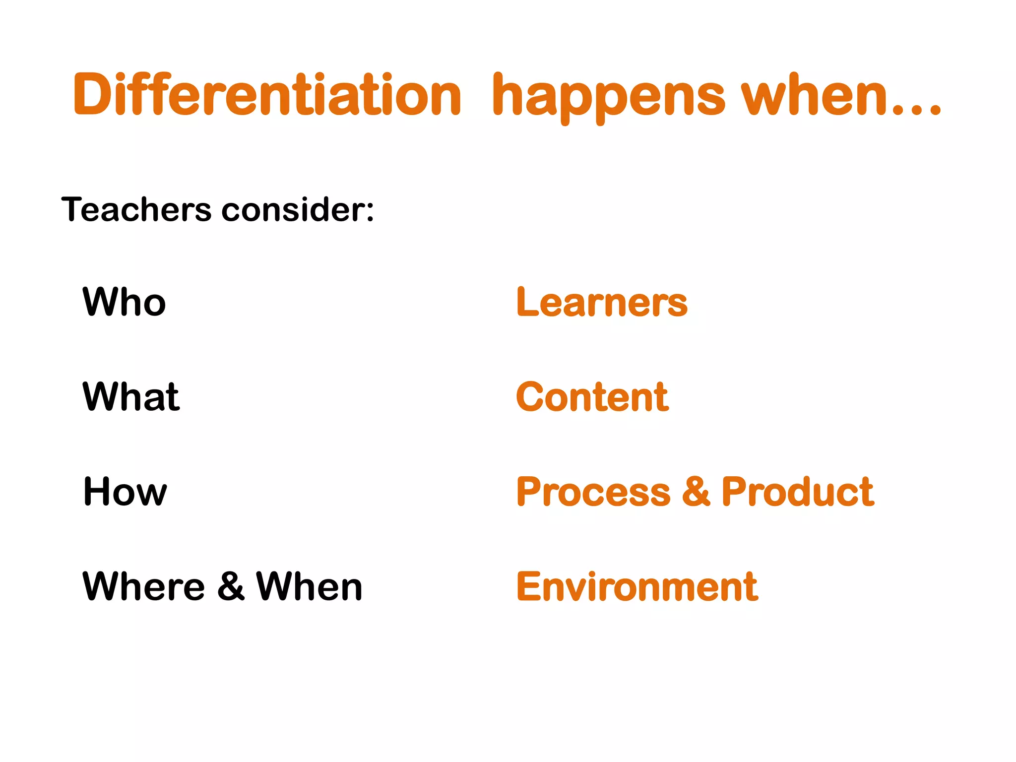 Differentiation happens when…
Teachers consider:

 Who                 Learners

 What                Content

 How                 Process & Product

 Where & When        Environment
 