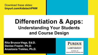 Differentiation & Apps:
Understanding Your Students
and Course Design
Rita Brusca-Vega, Ed.D.
Denise Frazier, Ph.D.
Anastasia Trekles, Ph.D.
Download these slides:
tinyurl.com/kidstechPNW
 