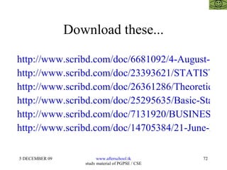 Download these... http://www.scribd.com/doc/6681092/4-August-Statistical-Analysis http://www.scribd.com/doc/23393621/STATISTICS-FOR-BUSINESS-MANAGEMENT-11-OCTOBER http://www.scribd.com/doc/26361286/Theoretical-Distribution-Statistics http://www.scribd.com/doc/25295635/Basic-Statistics-for-Non-Commerce-Students http://www.scribd.com/doc/7131920/BUSINESS-STATISTICS-25-SEPT http://www.scribd.com/doc/14705384/21-June-Research 