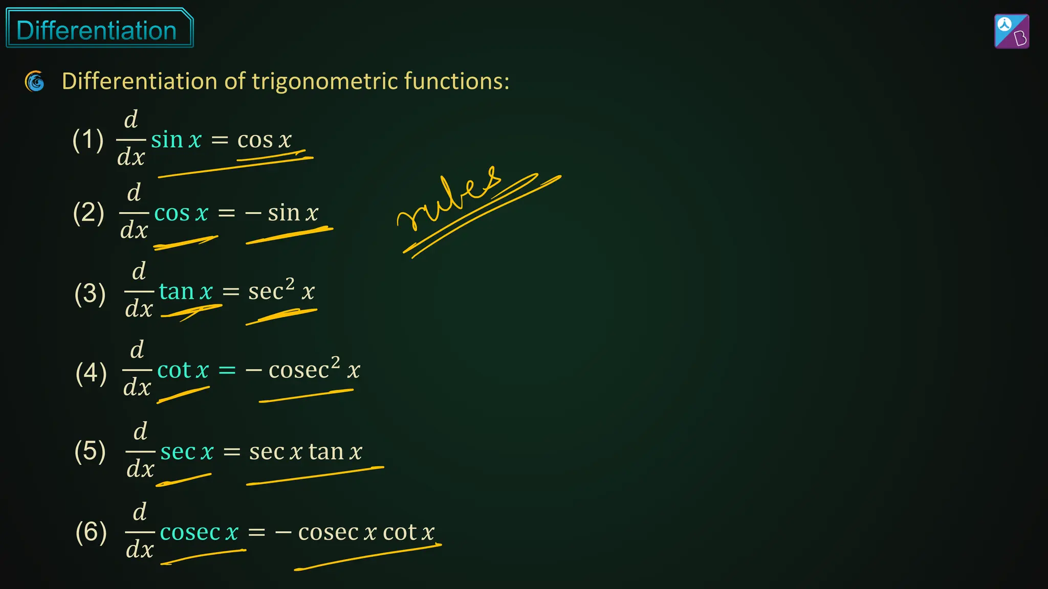 Differentiation of trigonometric functions:
(1)
𝑑
𝑑𝑥
sin 𝑥 = cos 𝑥
(2)
𝑑
𝑑𝑥
cos 𝑥 = − sin 𝑥
(3)
𝑑
𝑑𝑥
tan 𝑥 = sec2 𝑥
(4)
𝑑
𝑑𝑥
cot 𝑥 = − cosec2 𝑥
(5)
𝑑
𝑑𝑥
sec 𝑥 = sec 𝑥 tan 𝑥
(6)
𝑑
𝑑𝑥
cosec 𝑥 = − cosec 𝑥 cot 𝑥
 